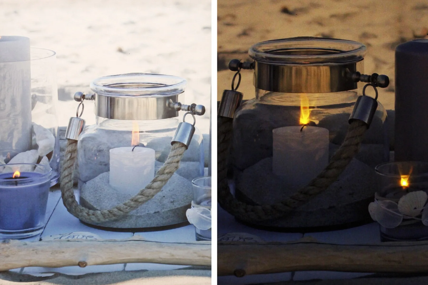 Decorative candles sit in glass holders on a wooden surface.