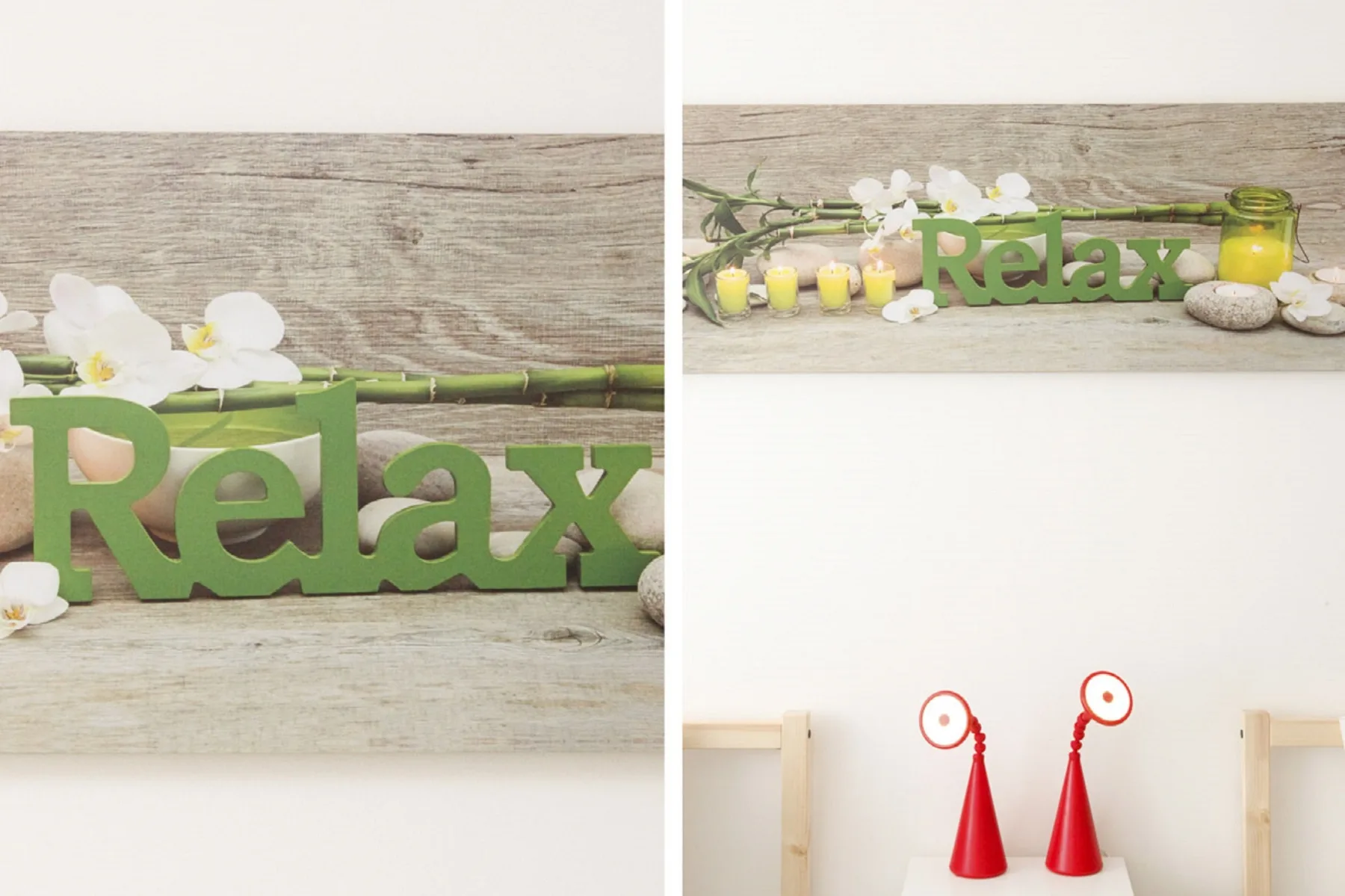 Decorative wall display with green lettering, flowers, and small candles.