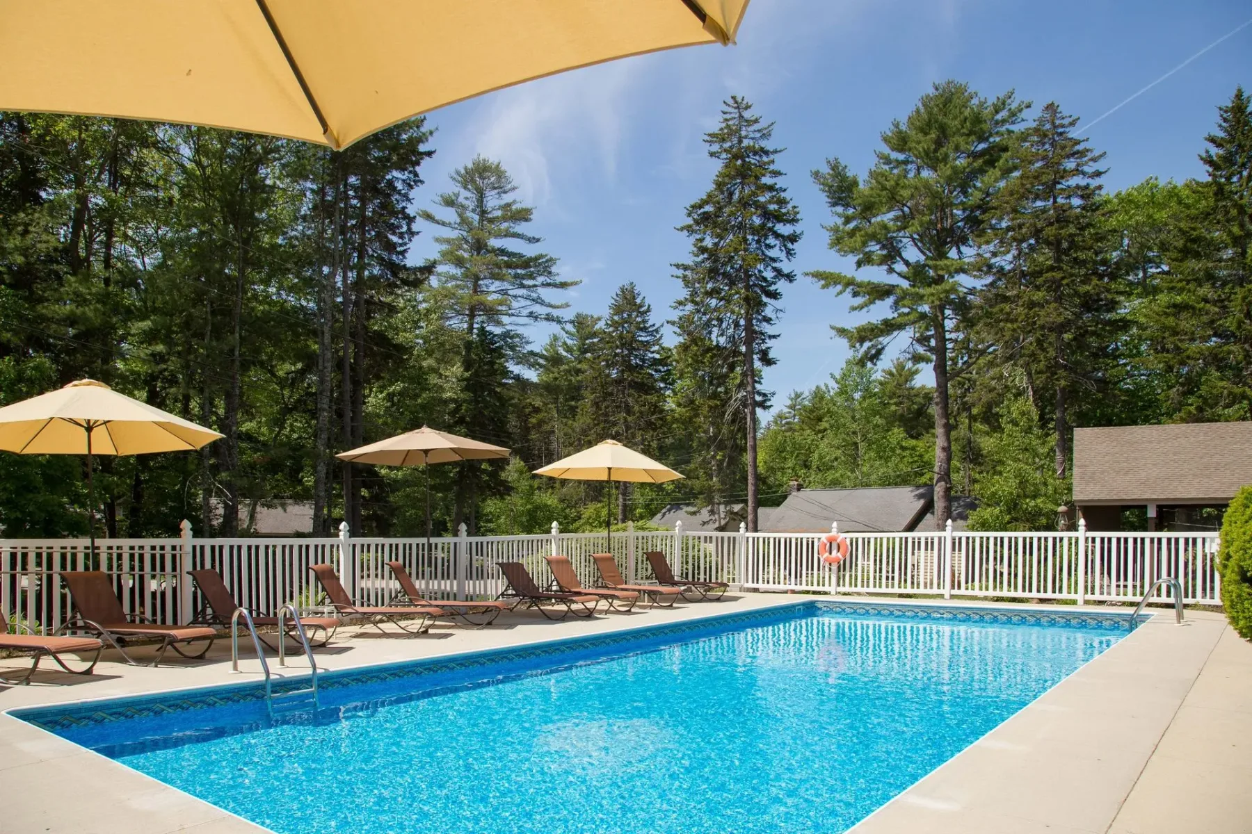 Outdoor swimming pool with lounge chairs and umbrellas.