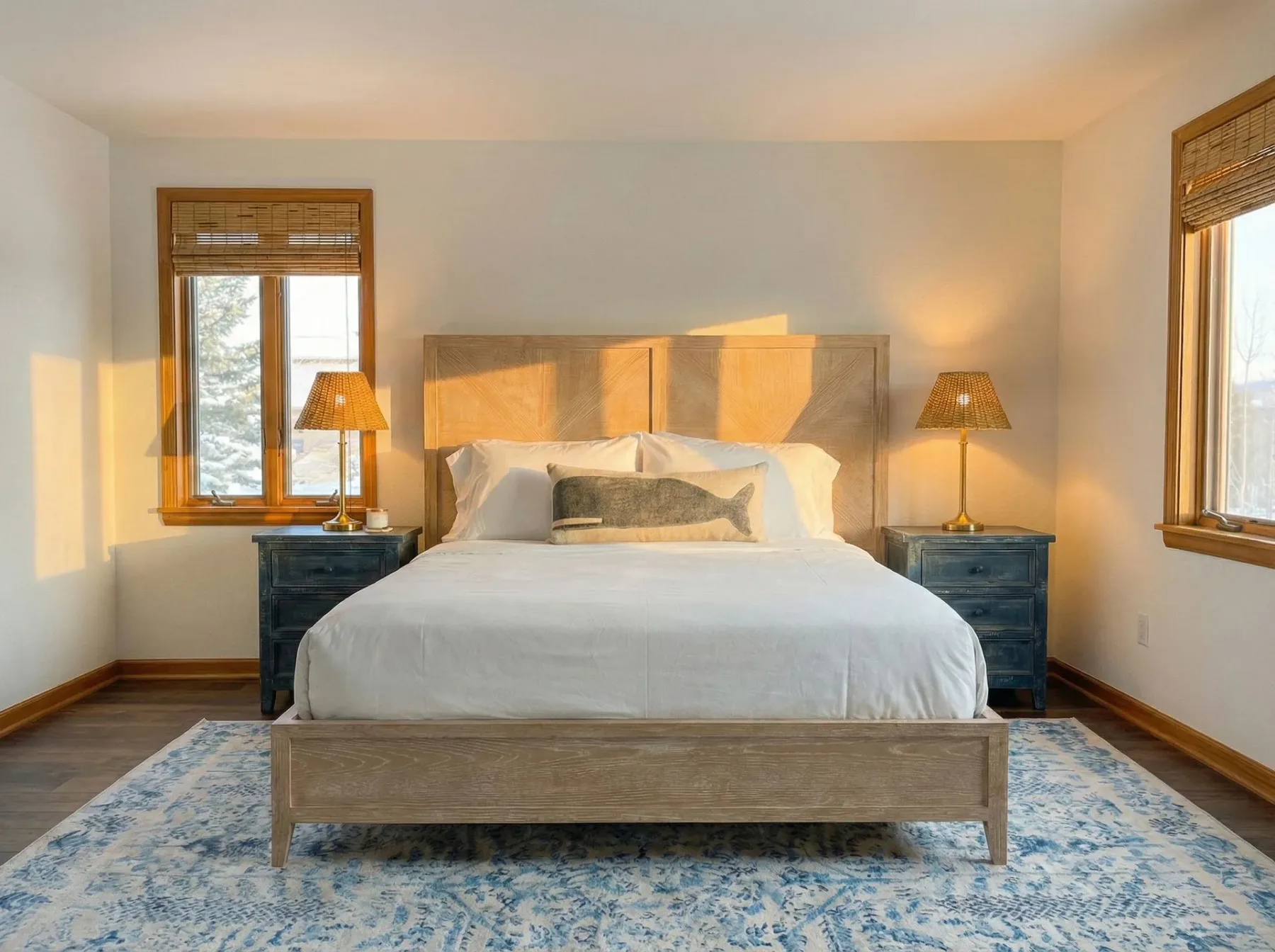 Bedroom with a bed and windows.
