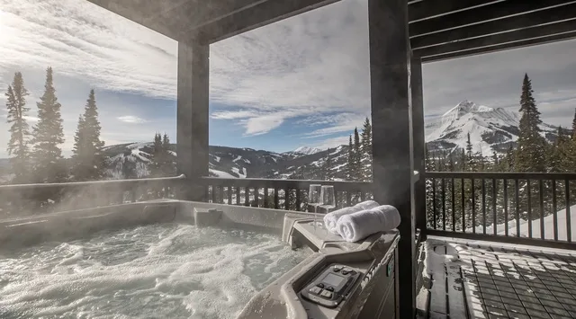 Una bañera de hidromasaje al aire libre da a montañas nevadas desde una terraza cubierta.