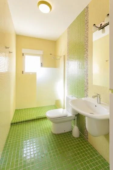 Un baño con suelo de baldosas verdes, un inodoro y un lavabo.