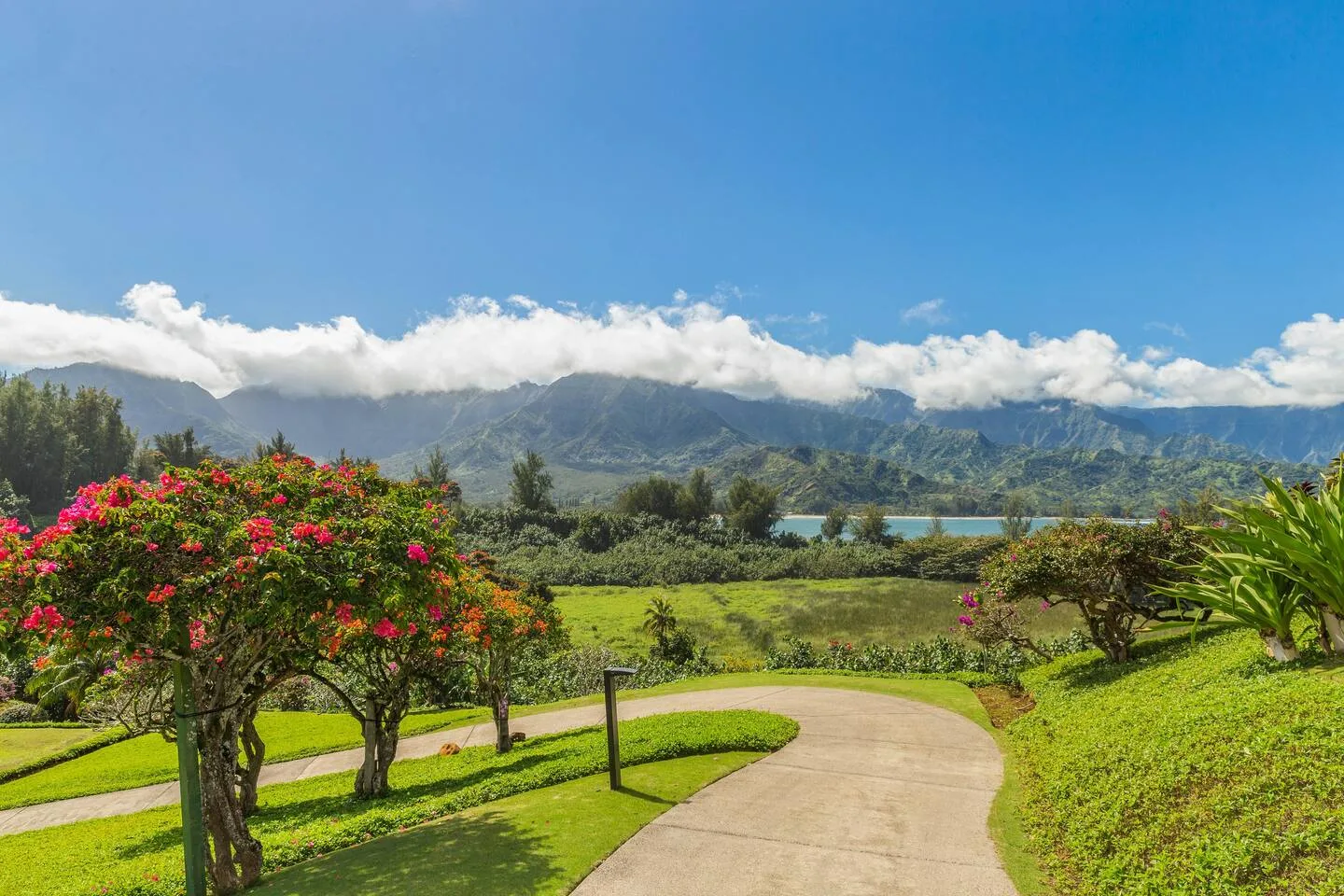 Un sendero curvo atraviesa jardines verdes y se dirige hacia un lago y una cordillera.