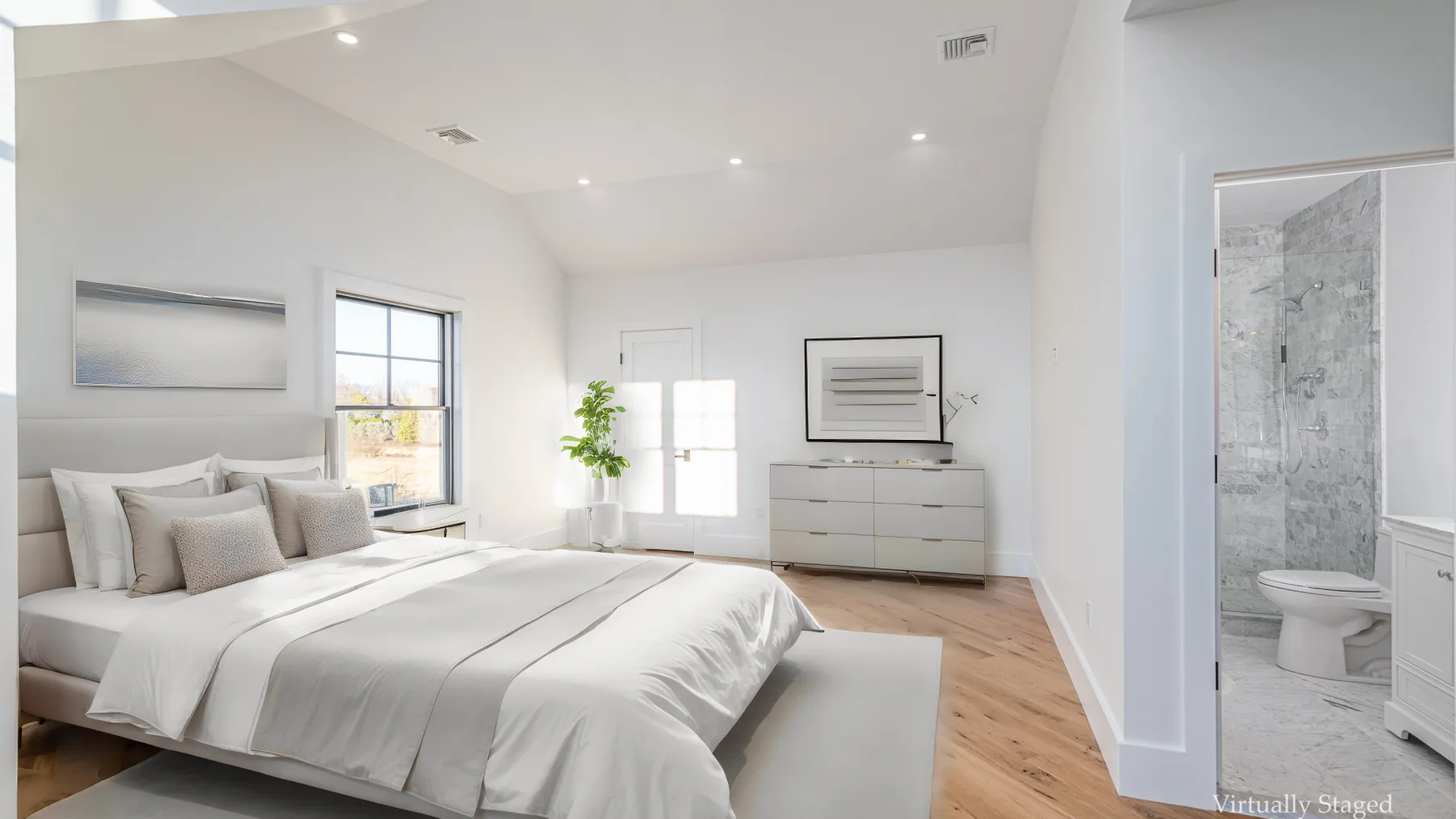 A bright bedroom with a neatly made bed and a dresser by the window.