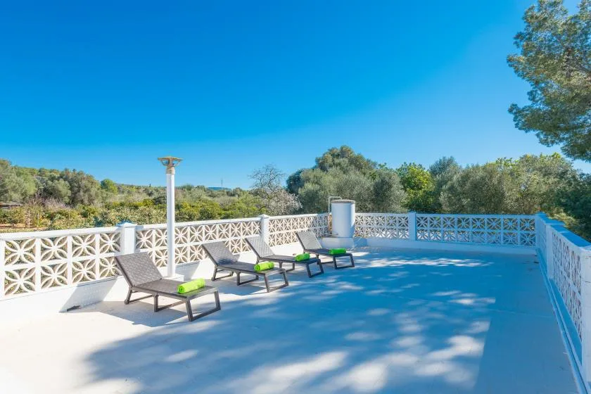 Una terraza exterior con asientos de descanso y una barandilla blanca decorativa da a un paisaje verde.