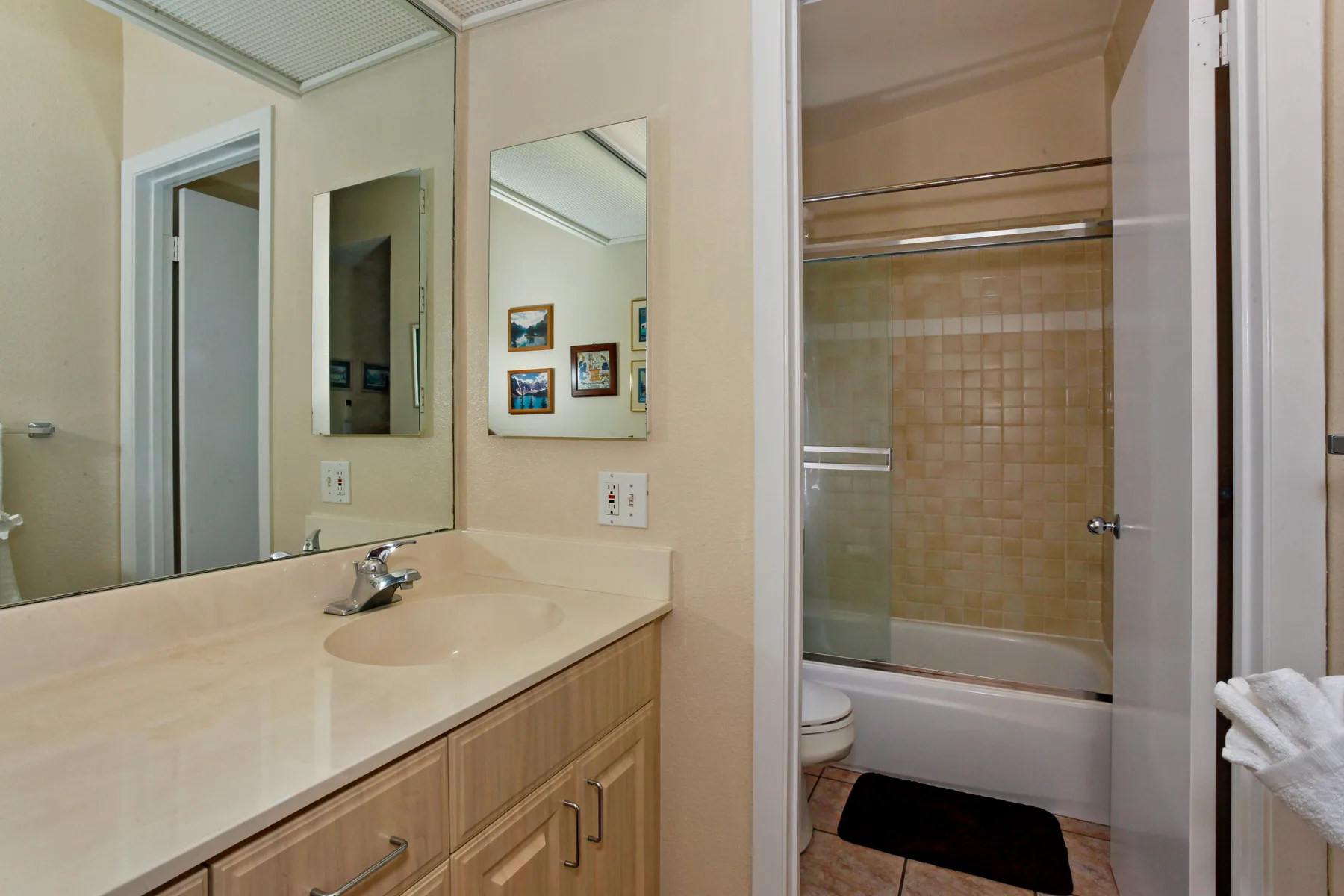 A bathroom vanity with a sink and mirror beside a bathtub and shower.