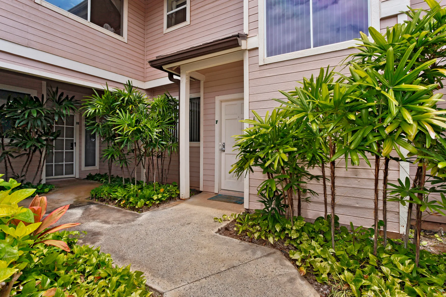 A paved walkway leads to the entrance of a pink-sided building, bordered by tropical plants.