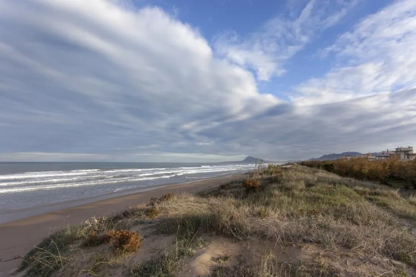 A sandy beach and grassy dunes stretch beneath a cloudy sky.