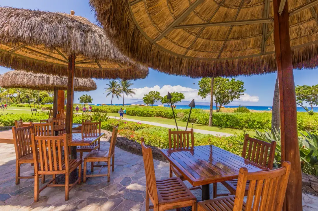 Mesas de comedor al aire libre están bajo sombrillas de palma, junto a un paisaje costero.
