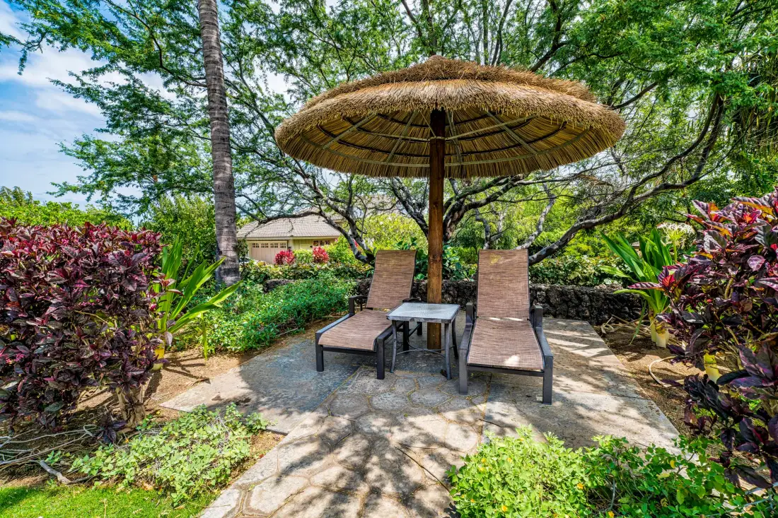An outdoor seating area beneath a thatched umbrella, surrounded by trees and plants.