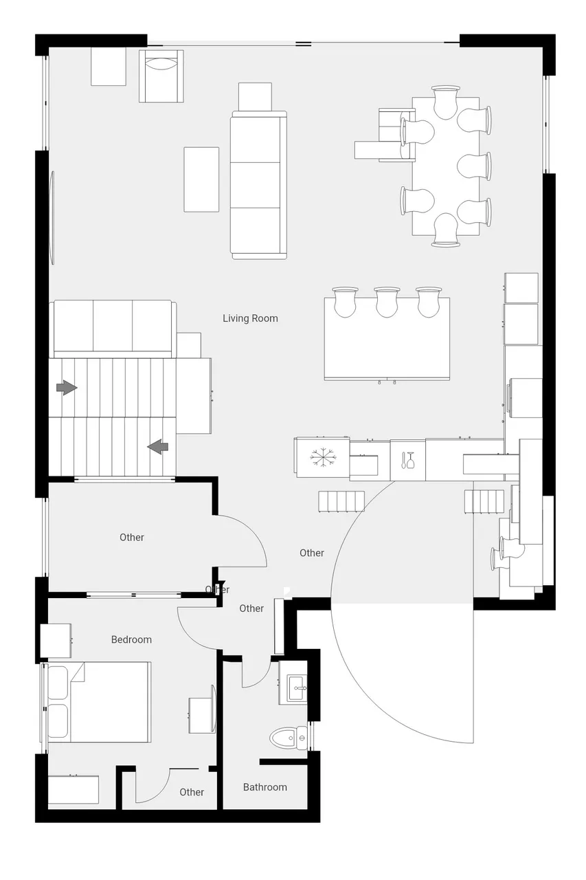 Floor plan showing a living room, dining area, kitchen, bedroom, and bathroom.