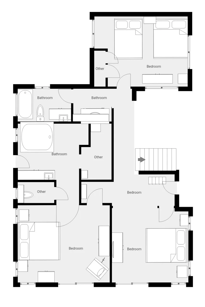 A floor plan shows several bedrooms, bathrooms, and connecting hallways.
