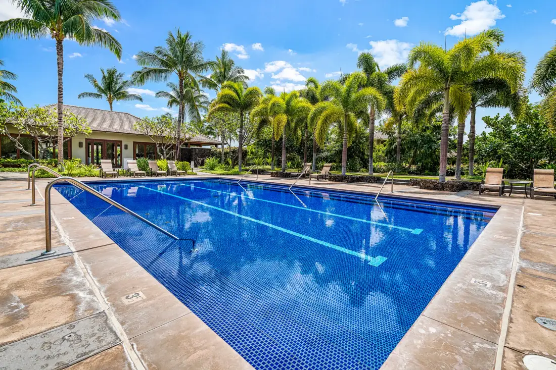 An outdoor swimming pool is surrounded by palm trees and deck seating.