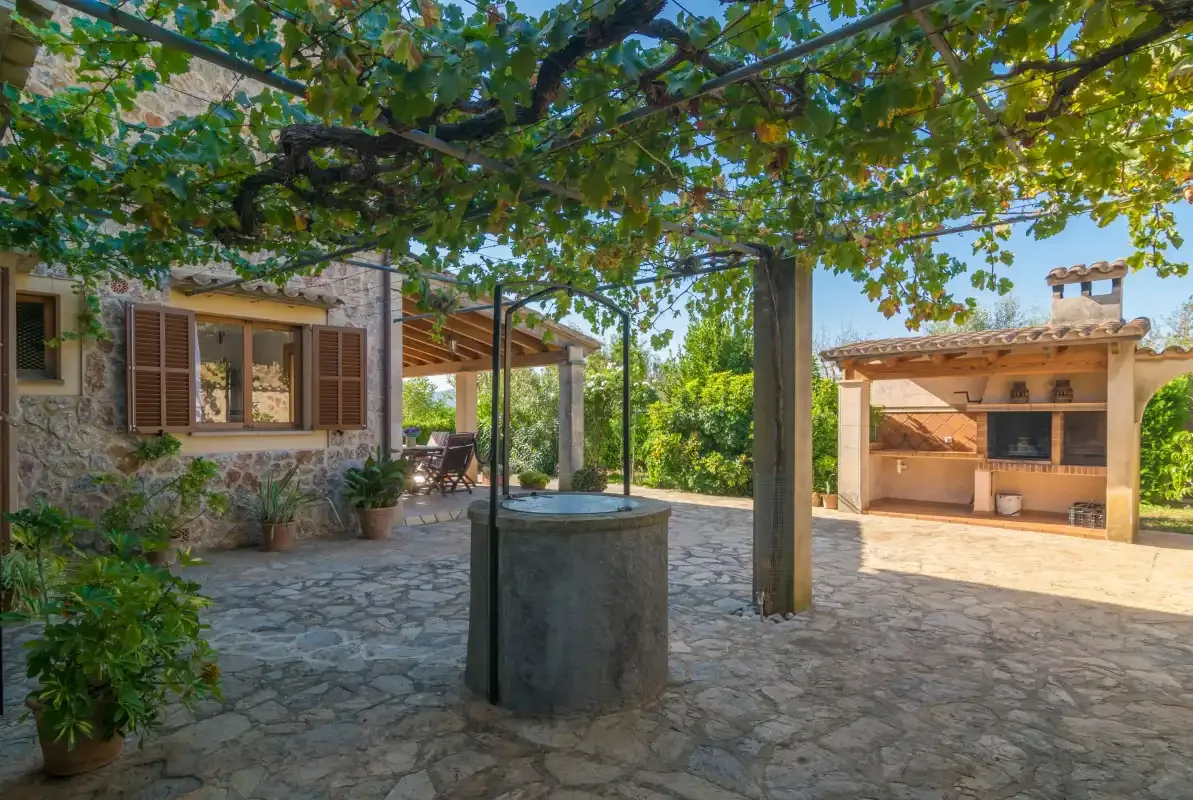 Un patio empedrado a la sombra de una parra, con un pozo central y una cocina exterior.