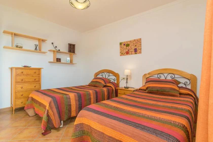 Un dormitorio con dos camas cubiertas con colchas de rayas coloridas.