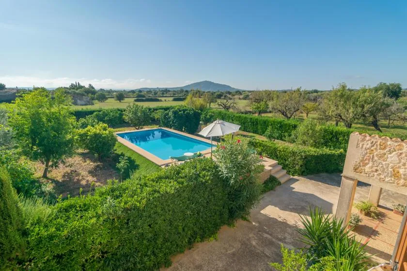 Una piscina al aire libre está rodeada de setos verdes, con campos abiertos al fondo.