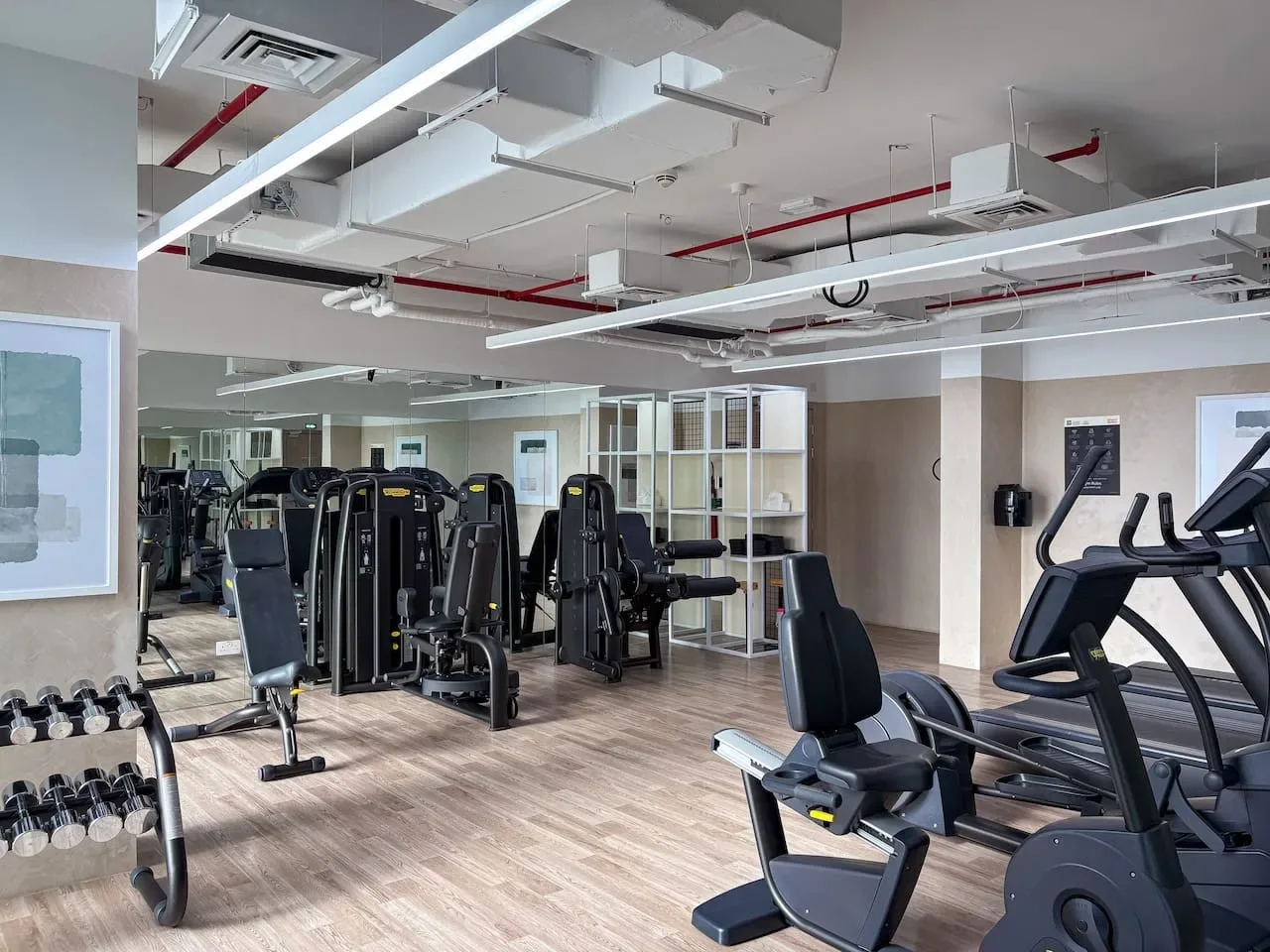 A gym with exercise machines, weight equipment, and a mirrored wall.