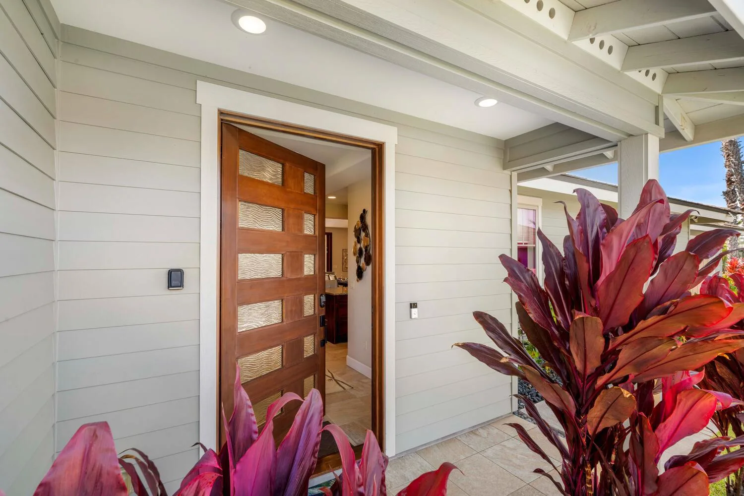 An exterior entryway with a wooden door and large plants.