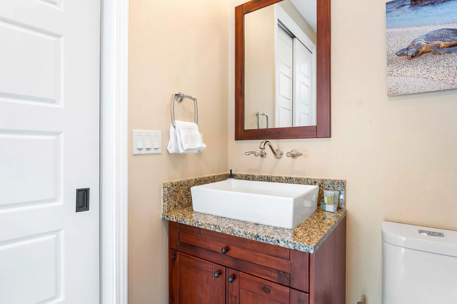 A bathroom vanity with a rectangular sink and a mirror above it.