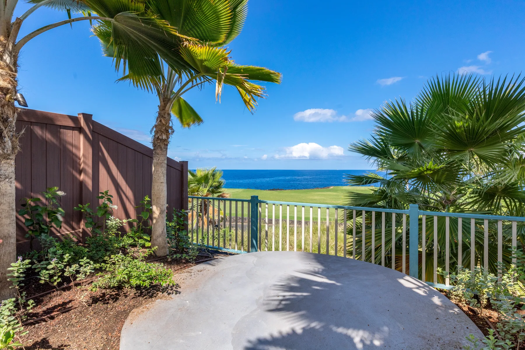 A paved outdoor patio overlooks a grassy area and the ocean, framed by palm trees.