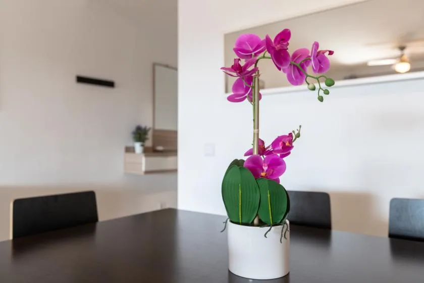 A dining area with a dark table and a potted orchid.