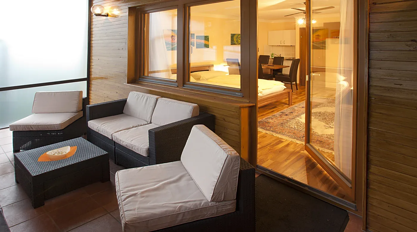 Balcony and seating area at Suite 112