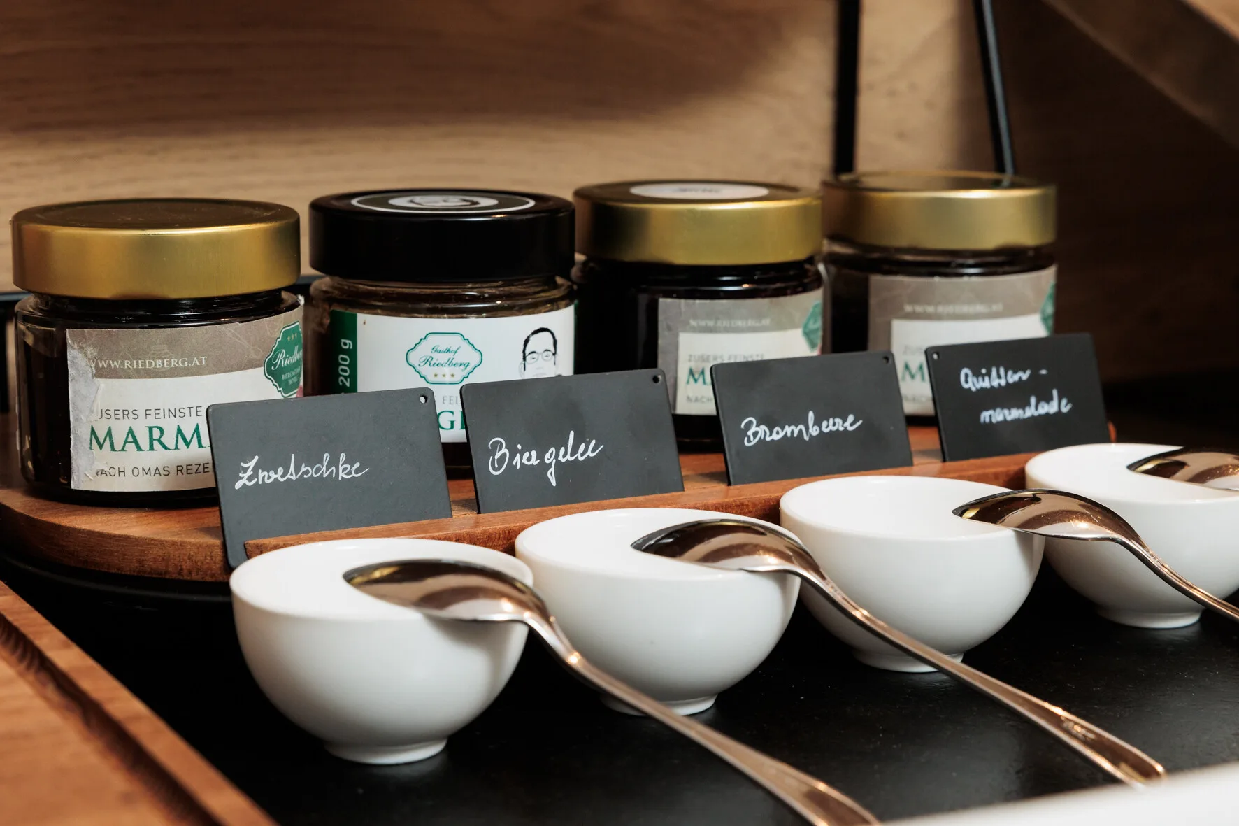 Homemade jams and spreads at breakfast