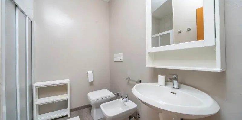 A bathroom with a sink, toilet, bidet, and glass shower enclosure.