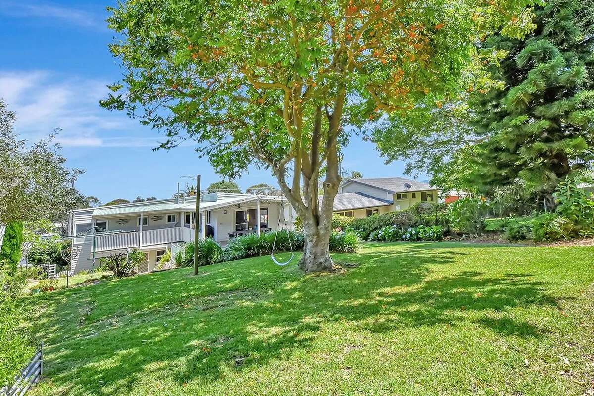 A leafy residential yard slopes toward a house with a long covered porch.
