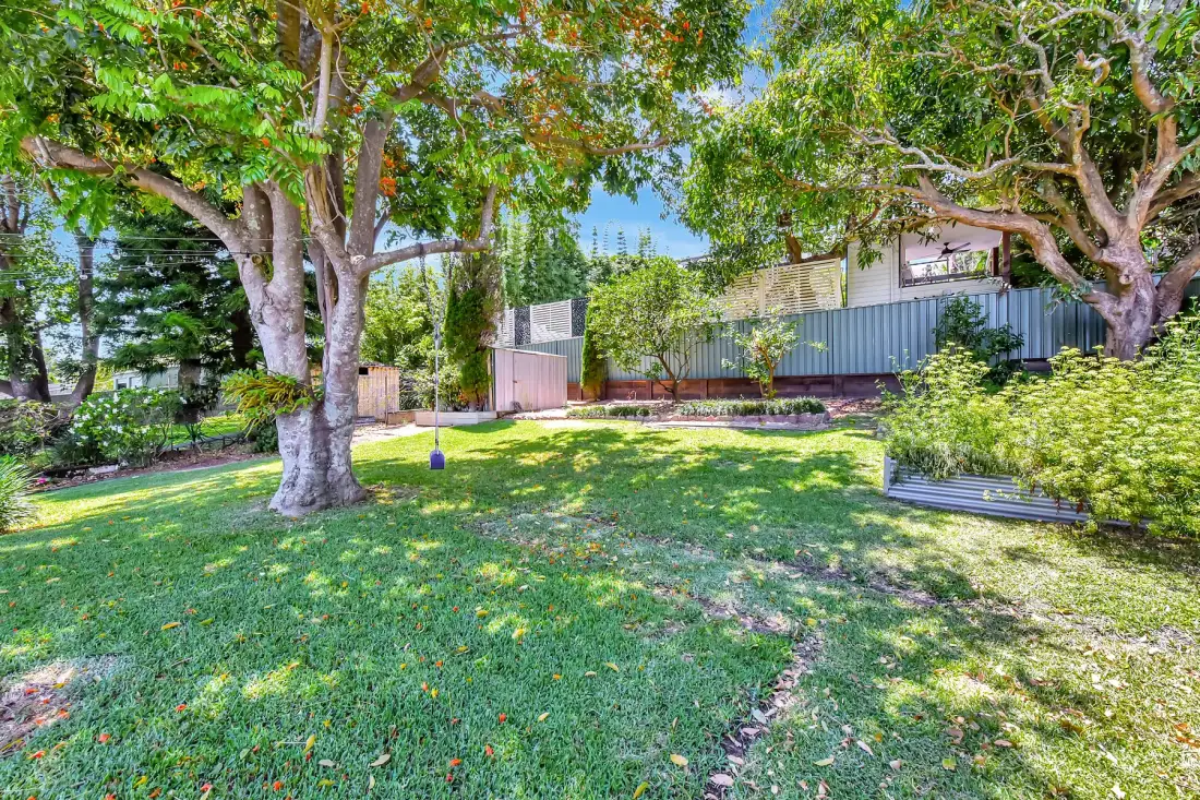 A leafy garden with a broad lawn and trees.