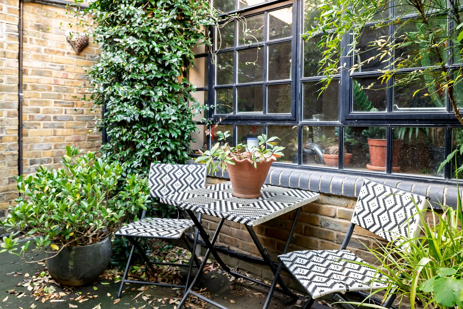 Un pequeño patio con asientos estampados y plantas en macetas.