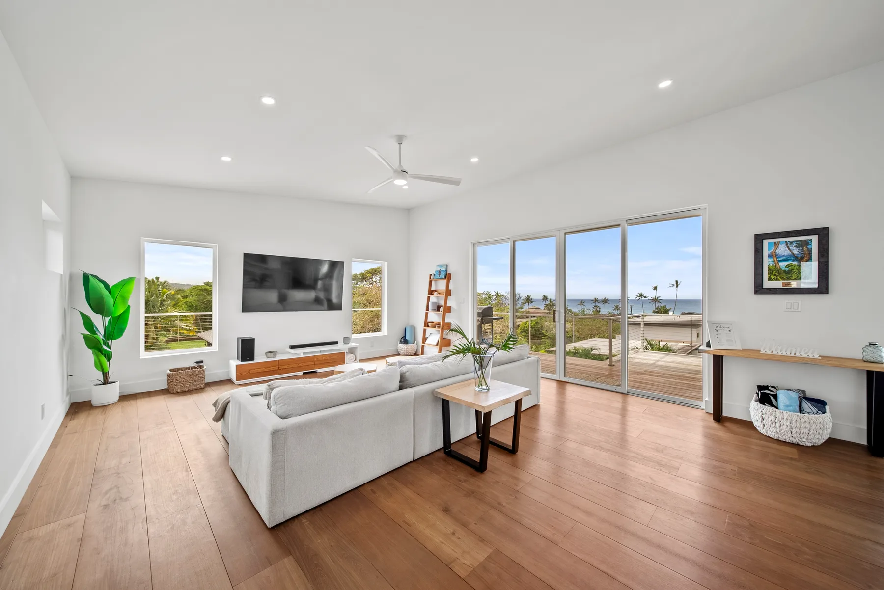A bright living room with seating, a wall-mounted television, and wide glass doors.