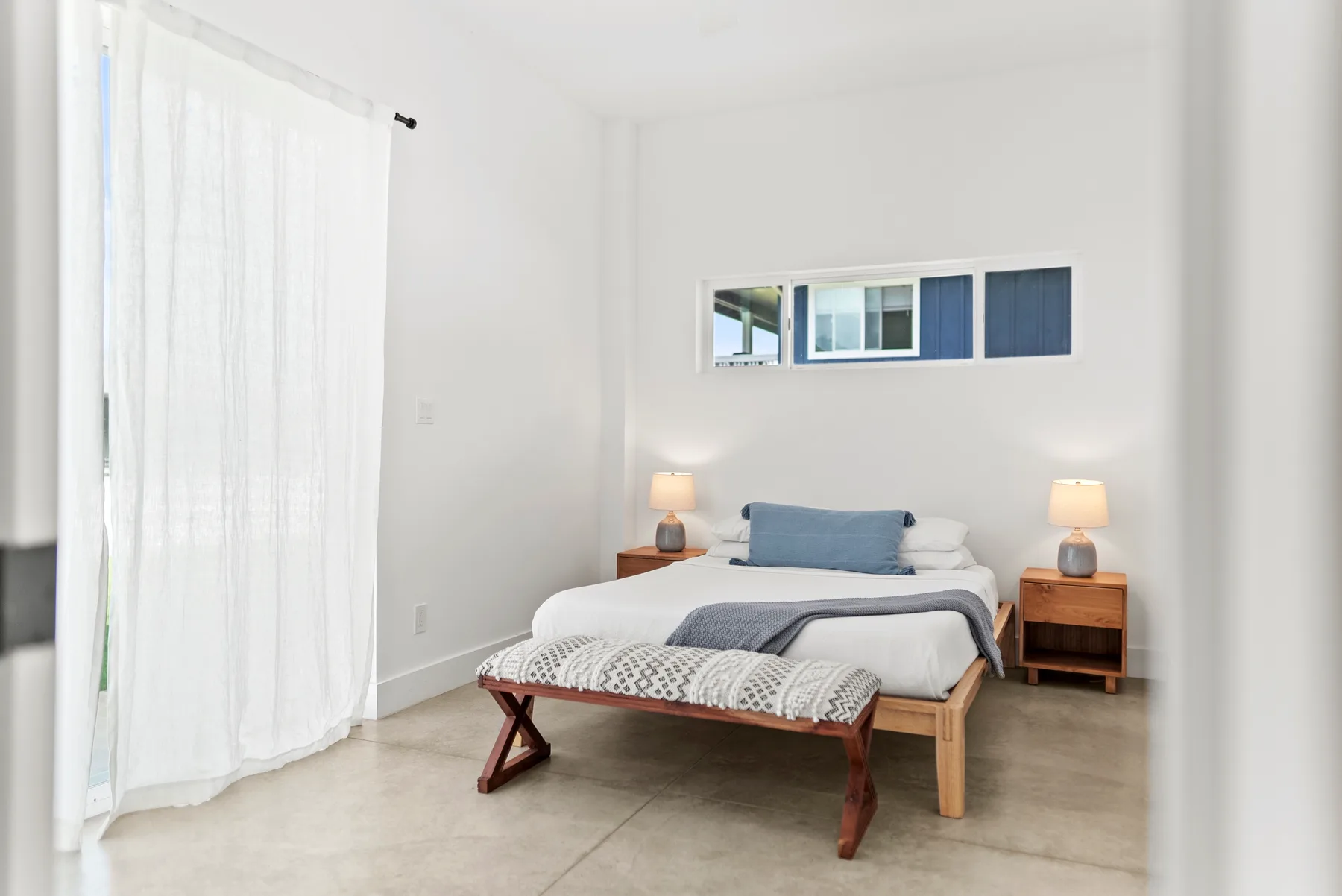 A bright bedroom with a bed, bedside tables, and a window.