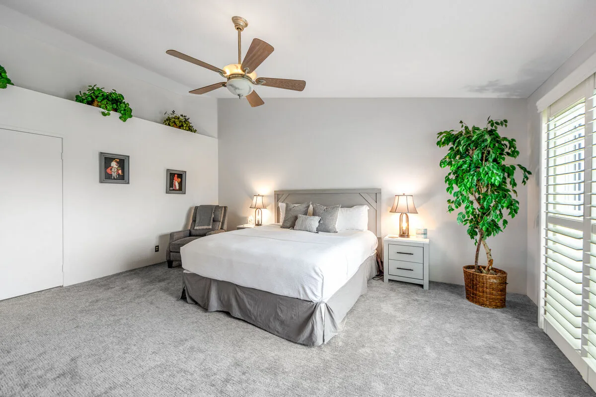 Un dormitorio con una cama, mesitas de noche y una planta en maceta.
