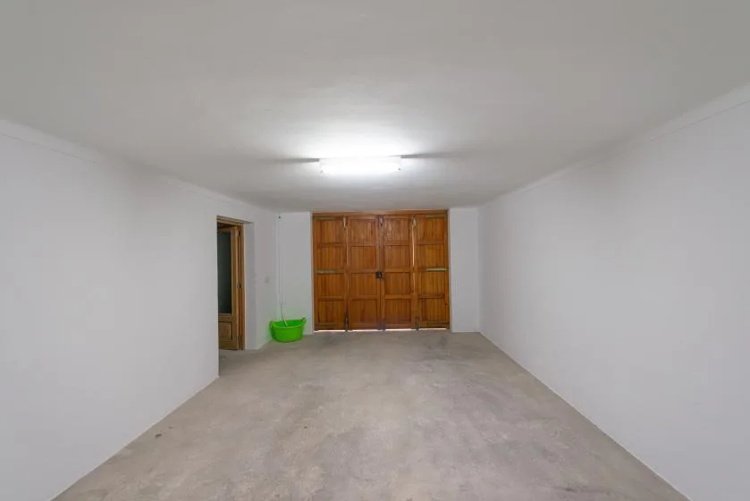 An empty garage with a wooden door and bare concrete floor.