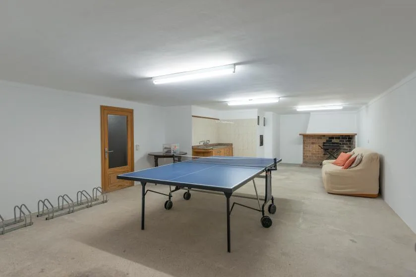 A basement recreation room with a ping-pong table and seating beside a fireplace.
