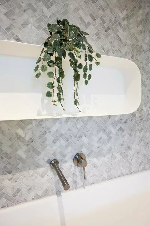 Una bañera blanca está junto a una pared de azulejos claros estampados, con una planta colgante.