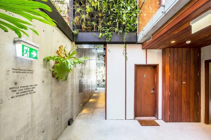 Un pasillo cubierto con una puerta de madera y vegetación en lo alto.