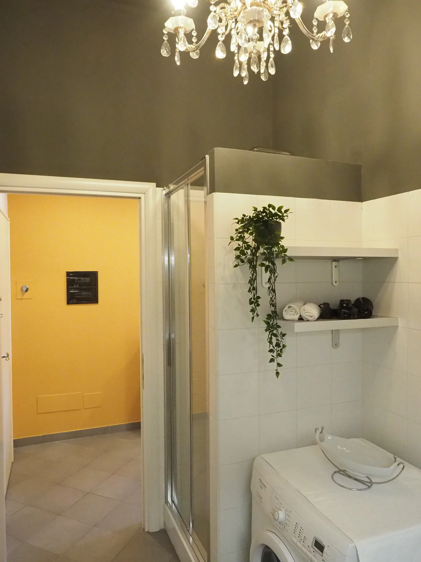 Un baño con azulejos, una lavadora, estantes de pared y una planta colgante.