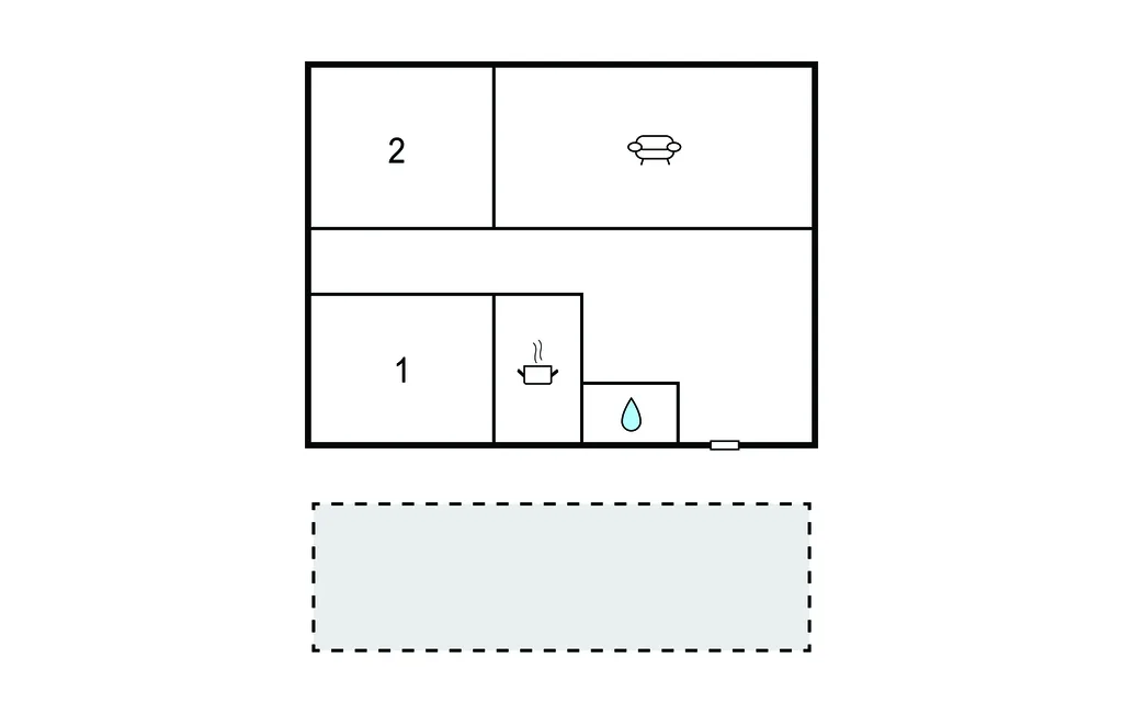 A simple floor plan shows labeled rooms and a small bathroom area.