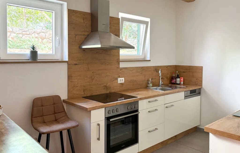A modern kitchen with a cooktop, oven, sink, and wooden countertops.