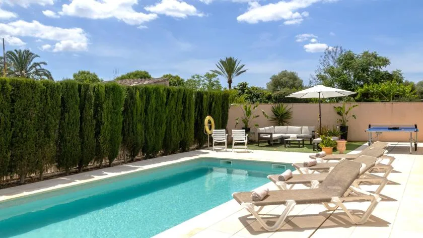 Una piscina está junto a un patio con tumbonas y vegetación.