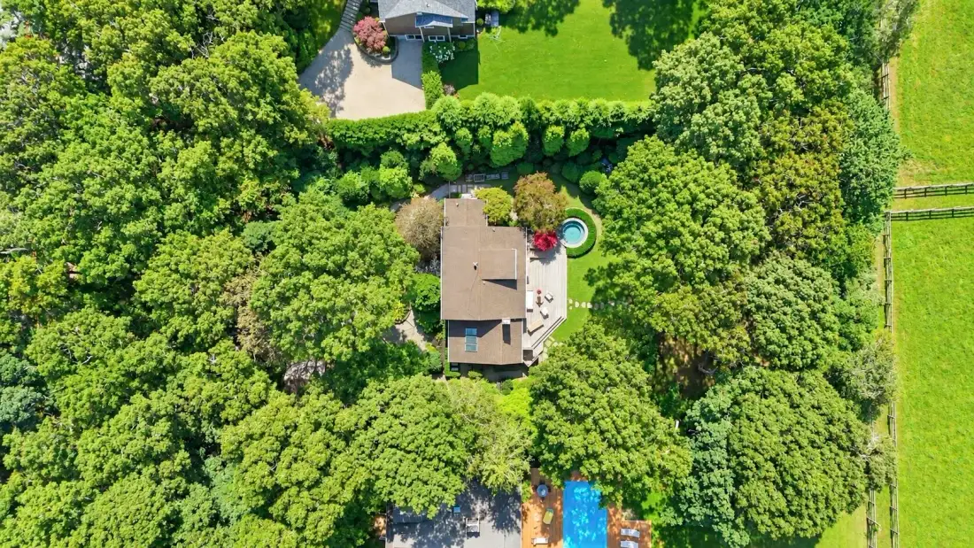 Una vista aérea muestra una casa rodeada de árboles frondosos, con una piscina cerca.