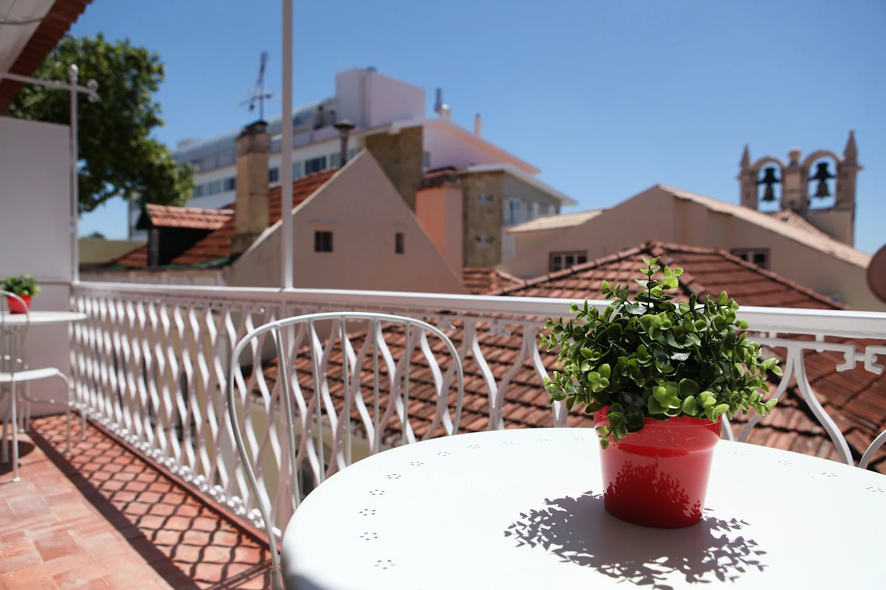 A sunny rooftop terrace with a potted plant on a round table.