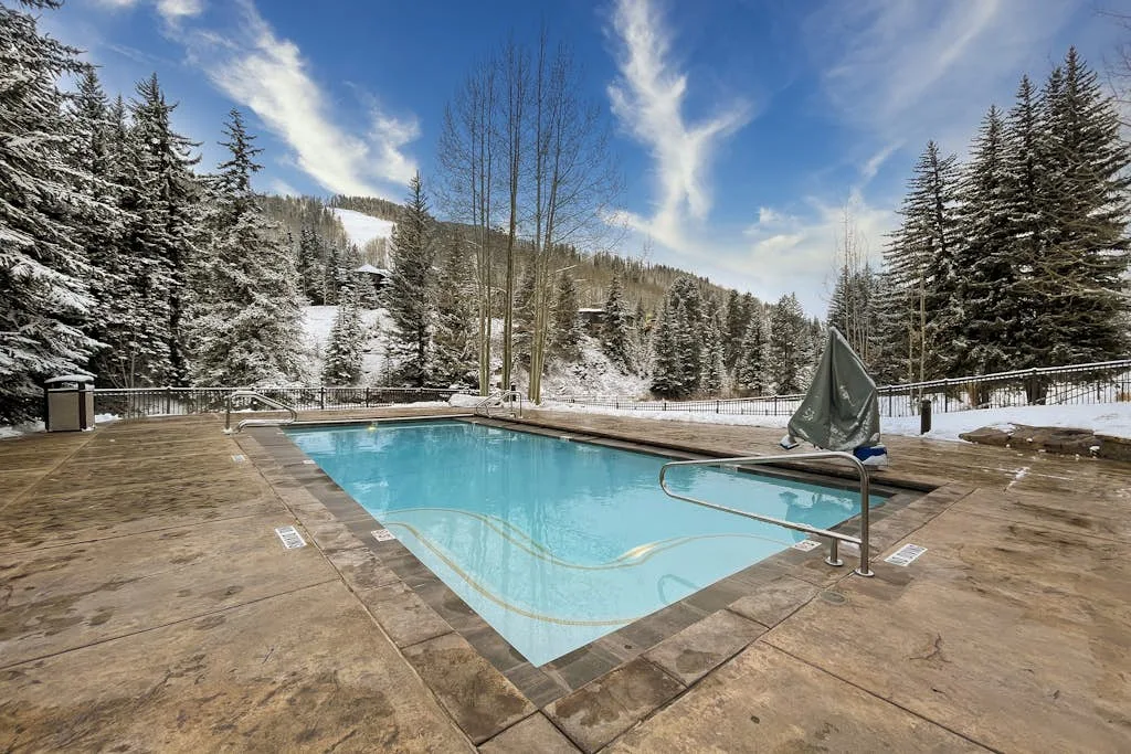 Una piscina al aire libre está en una terraza pavimentada entre árboles cubiertos de nieve.