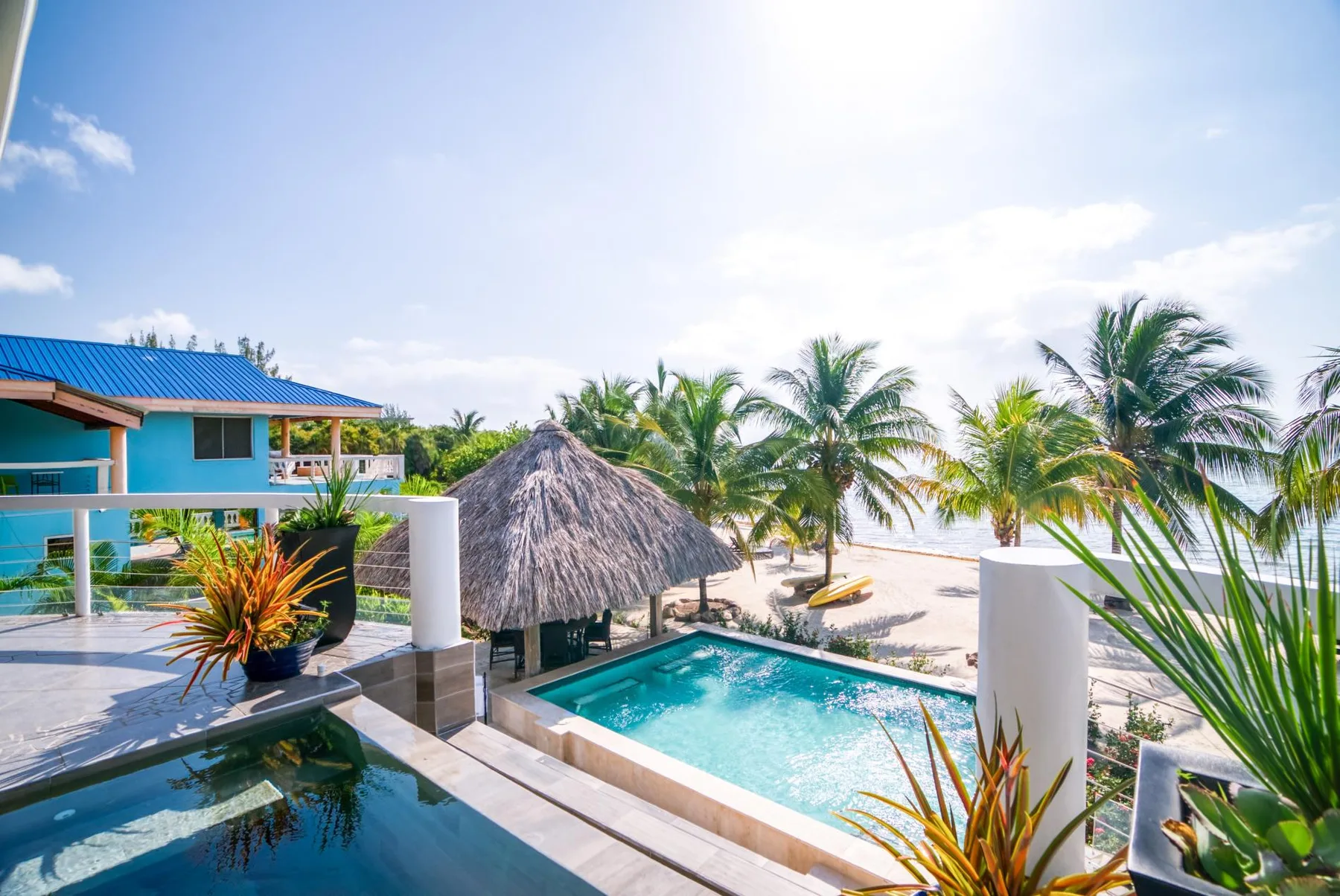 A beachfront pool area with palm trees and a thatched shade hut.