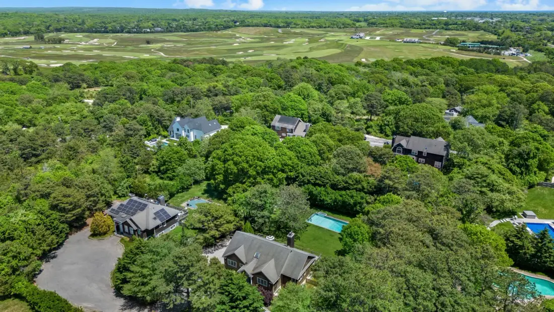 An aerial view shows several homes surrounded by trees, with a swimming pool nearby.