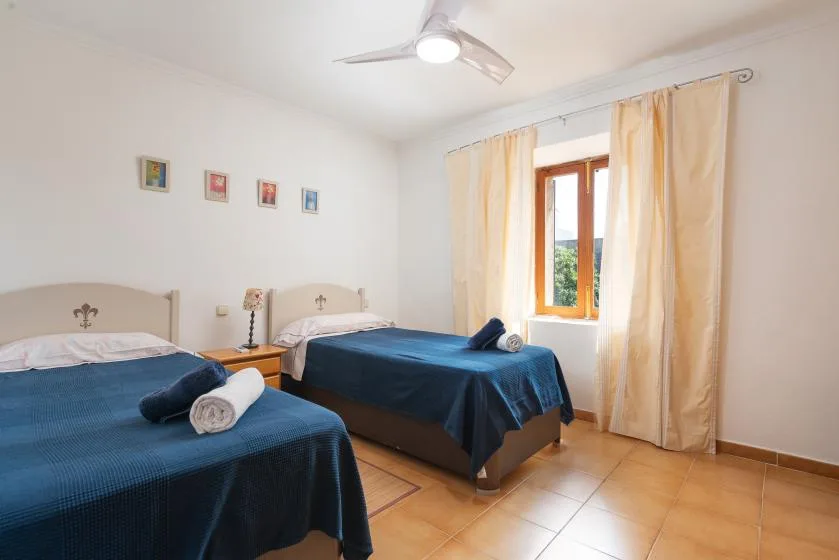 Un dormitorio con dos camas cubiertas de azul junto a una ventana con cortinas.