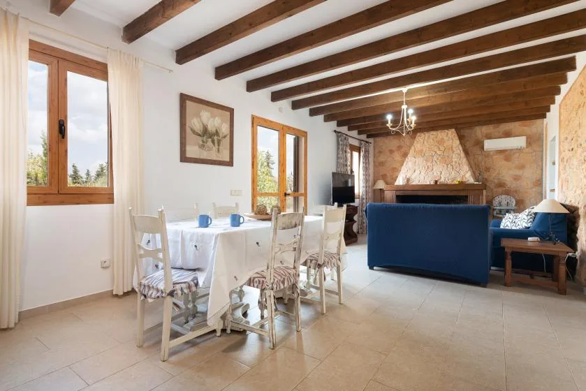 Un comedor y sala de estar con una mesa, asientos y una chimenea de piedra.