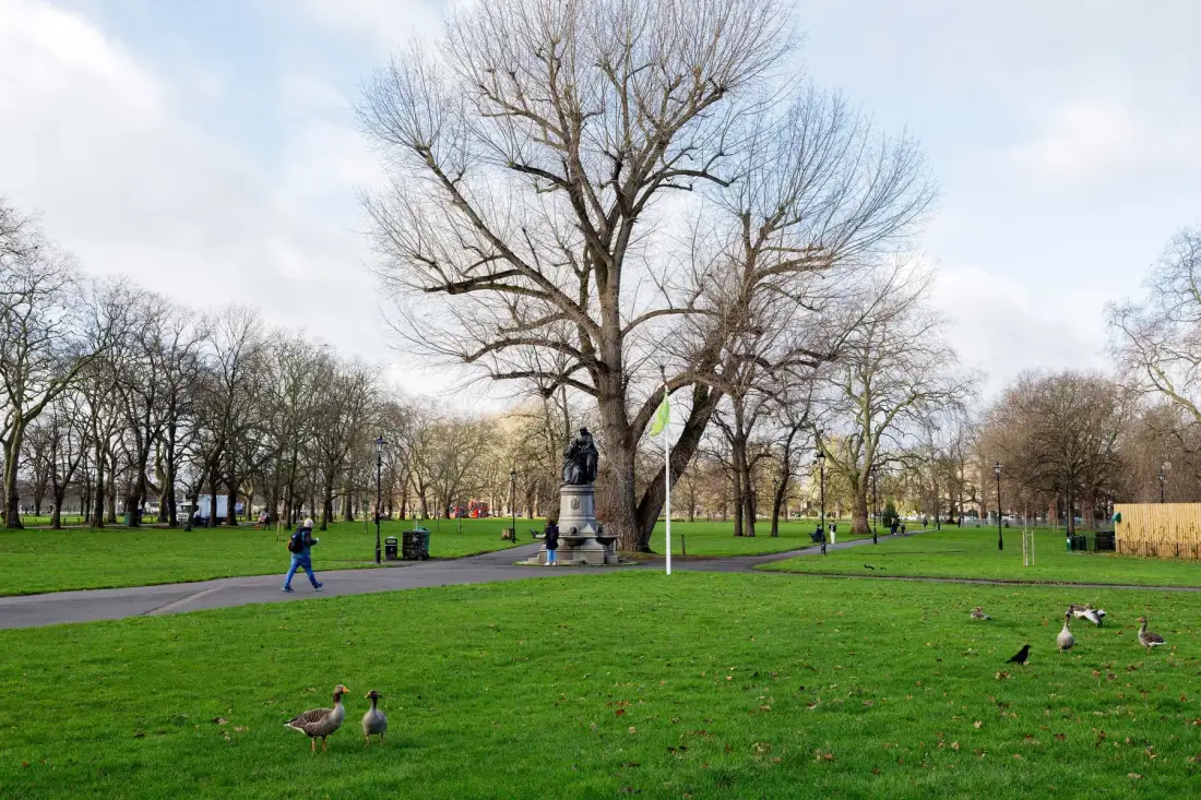 A green park with a paved path, leafless trees, and a statue.